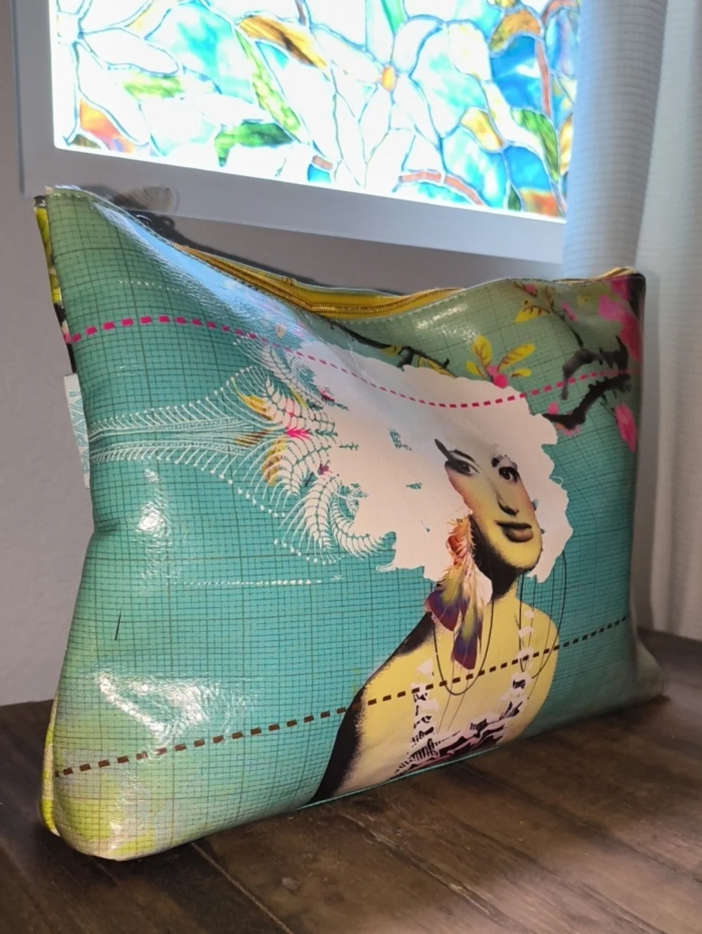 Papaya Turquoise Graphic Print Cosmetic Pouch with Yellow Accent Bag